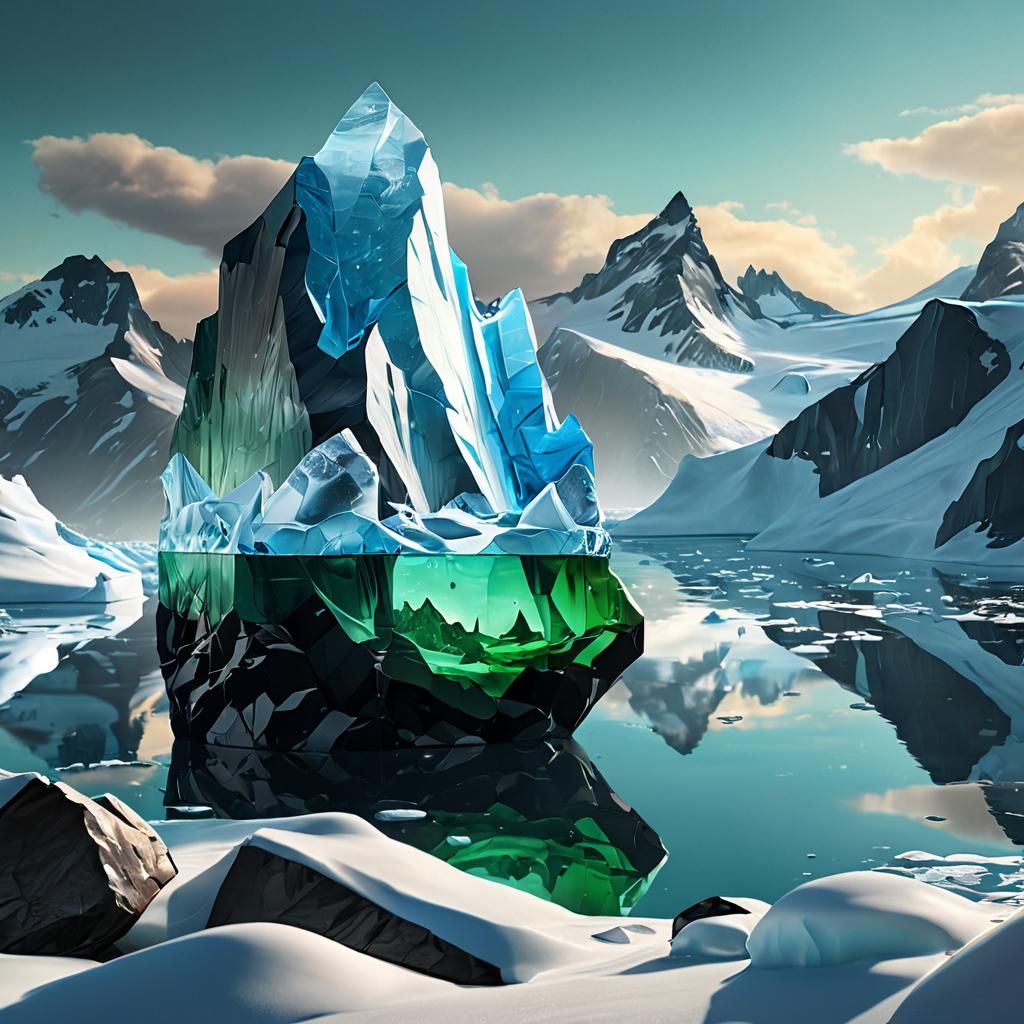 hyperrealistic,
big iceberg in the antartica made of glass, with a miniature World inside. Surrealistic, black shine, c...