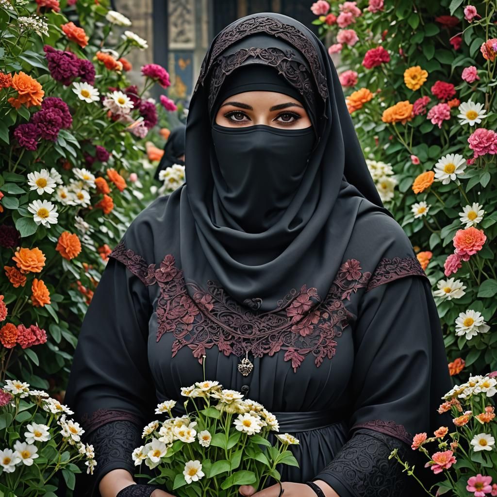 Irish Girl in Niqab with Flowers, Hyperrealistic