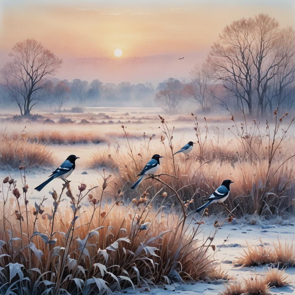 Magpies in Foggy Sunrise Landscape, Watercolor Painting
