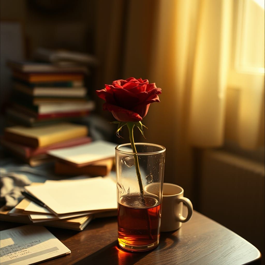 A single red rose in a beer glass.on a side table in a college dormitory- shallow focus, bokeh, warm light, side light f...