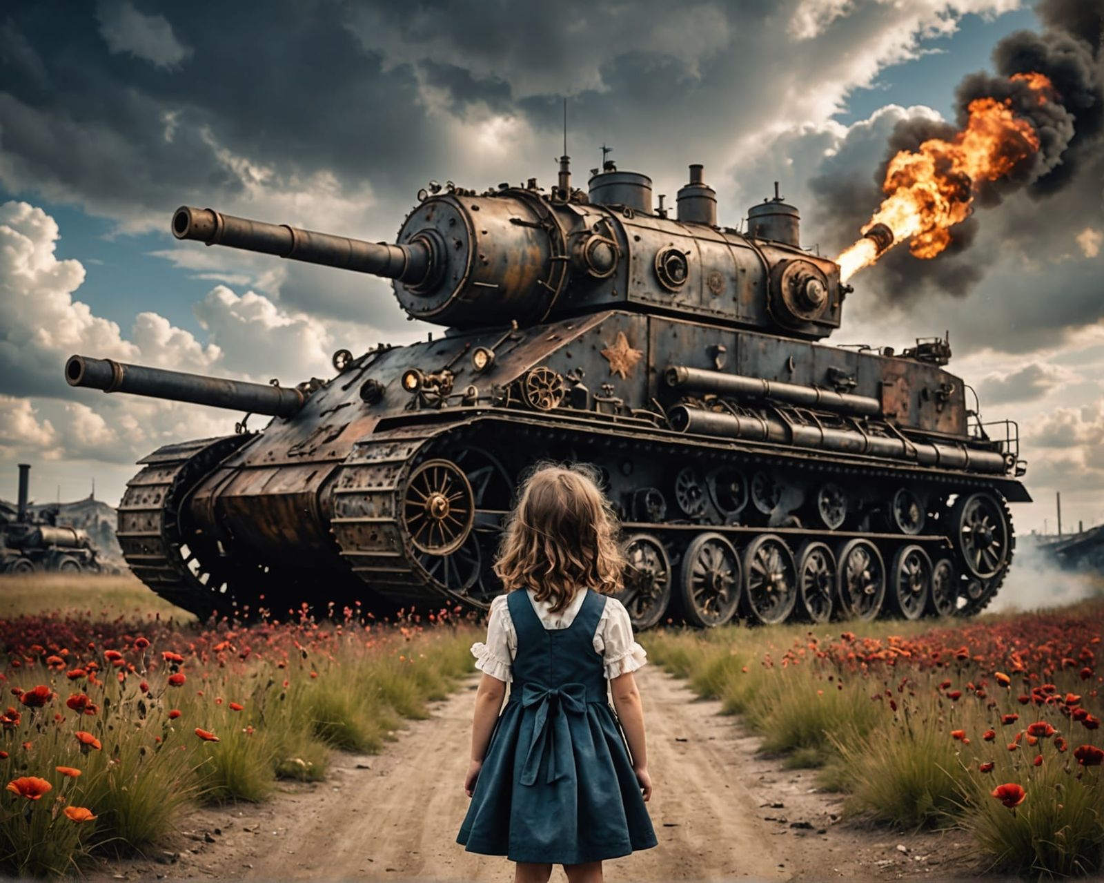 Steampunk Tank and Child with Flower on Battlefield