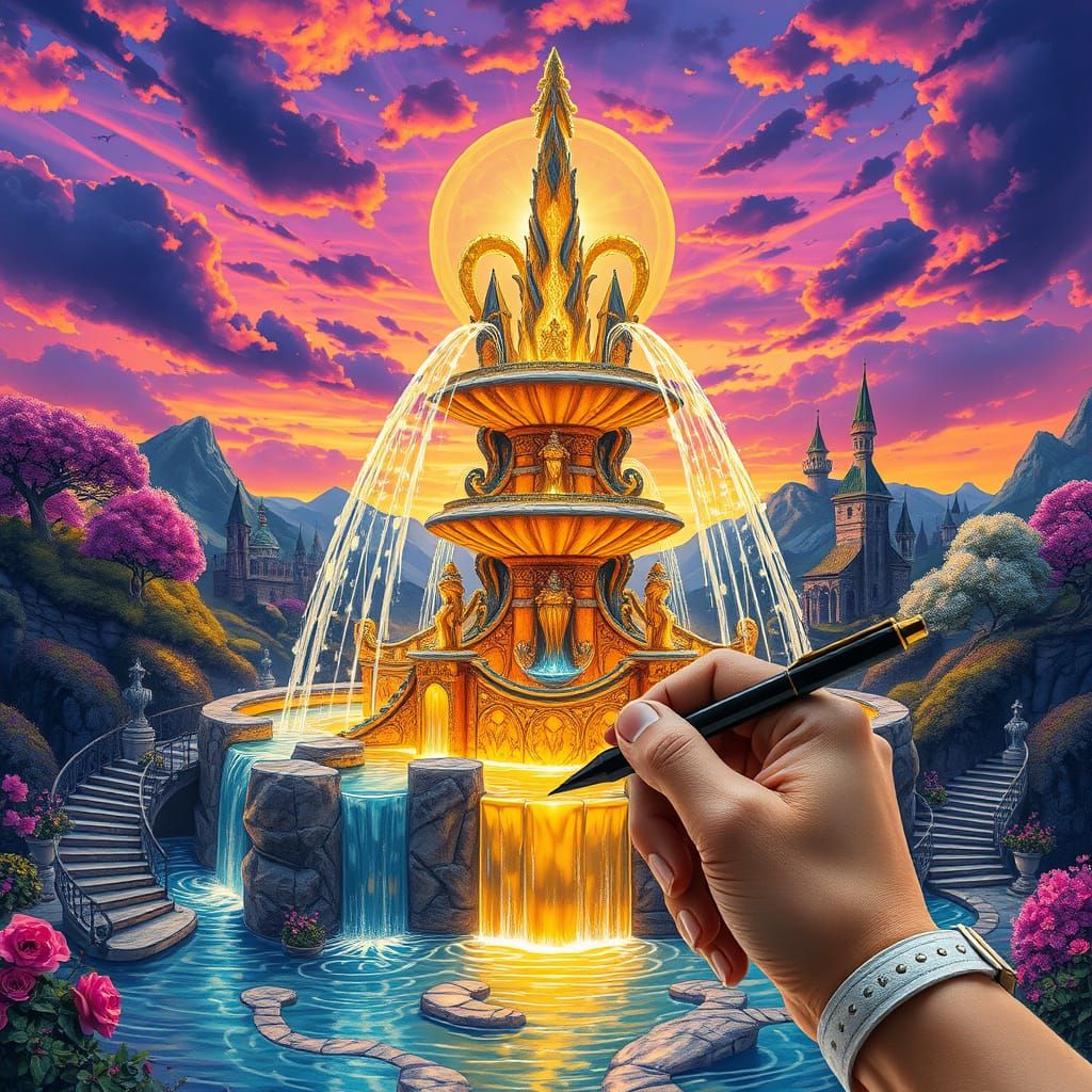 Enchanted Landscape: Fantasy Fountain in Dreamlike Style