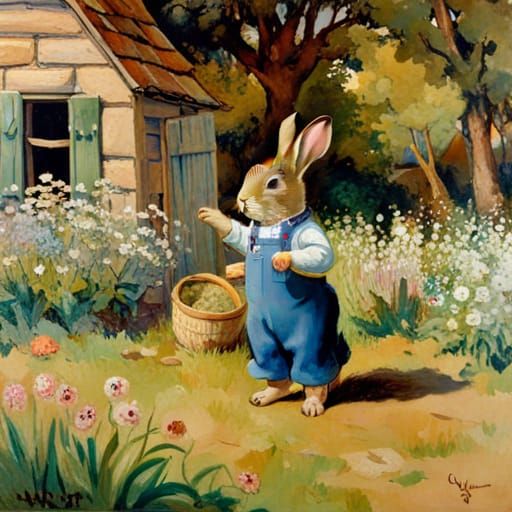 Rabbit in Overalls Tending Garden, Illustration Style