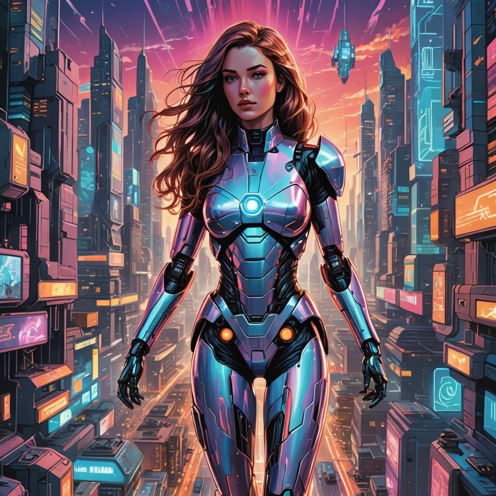 Retro-Futuristic Woman in Robot Suit Comic Art