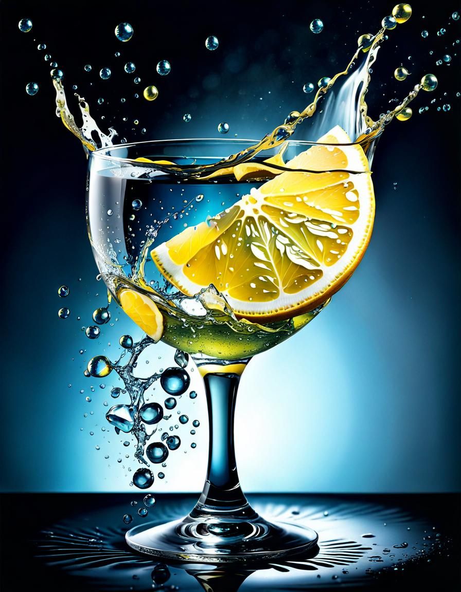 Lemon Slice Splash in Watercolor and Ink Style