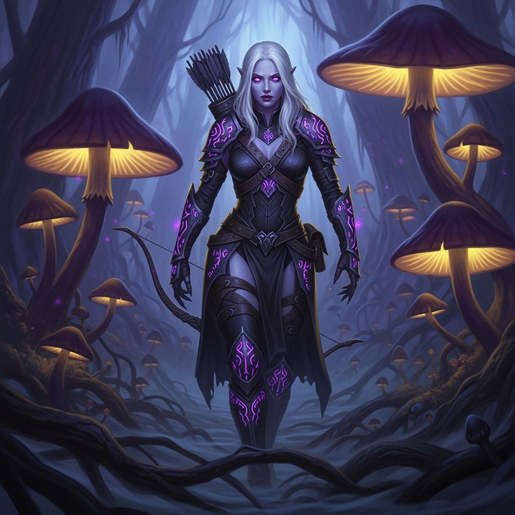 Albino Drow Hunter in Bioluminescent Forest