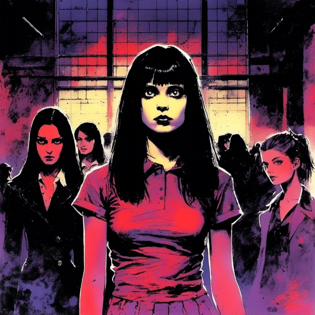 Gothic Vampire Cheerleader in Sepia, Luis Royo Style