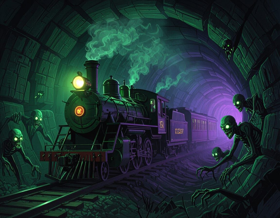 Model Ghost Train Lurks Through Monster-Filled Tunnel