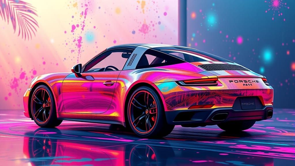 Hyper-Retro Futuristic 2025 Porsche 911 Targa in Vibrant Hol...