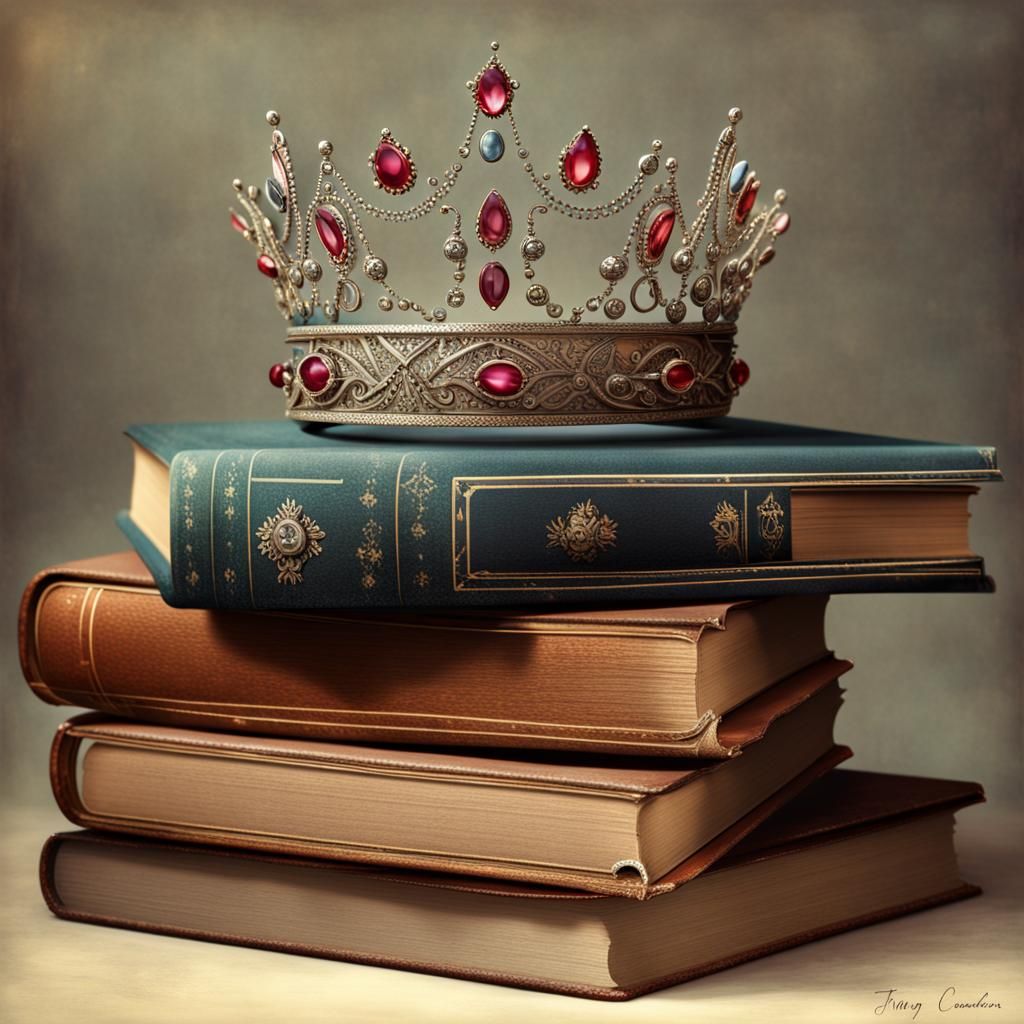 Hyperrealistic Book Queen with Magic Vintage Books