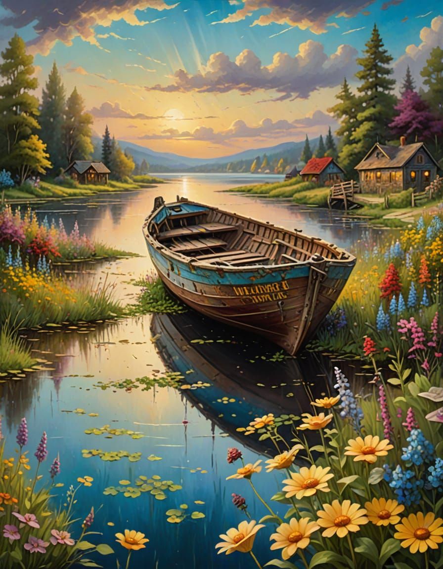 Wildflowers Adorn Abandoned Boat in Golden Light