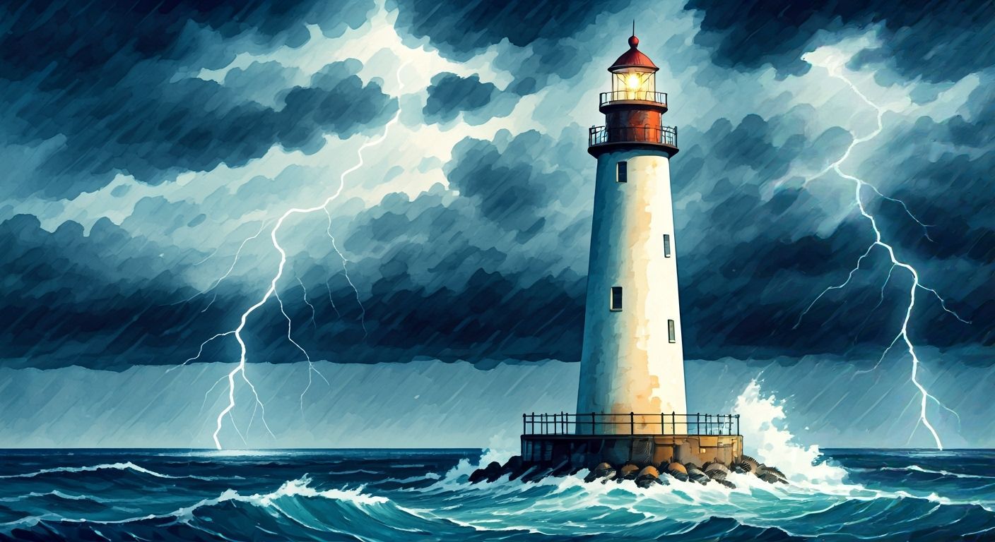 Lighthouse Amidst Stormy Seas in Watercolor Style