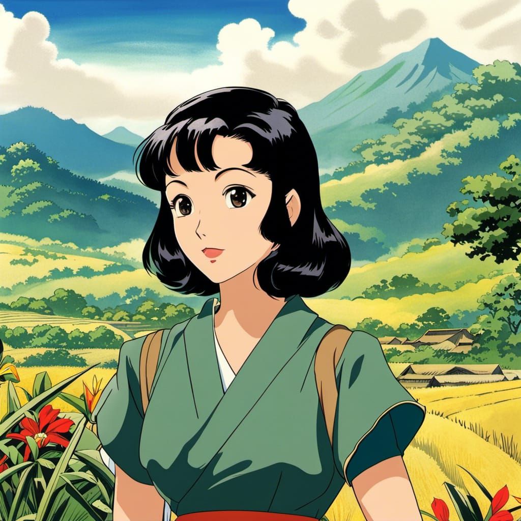 Anime Indonesian Woman in 1940s Tropical Landscape