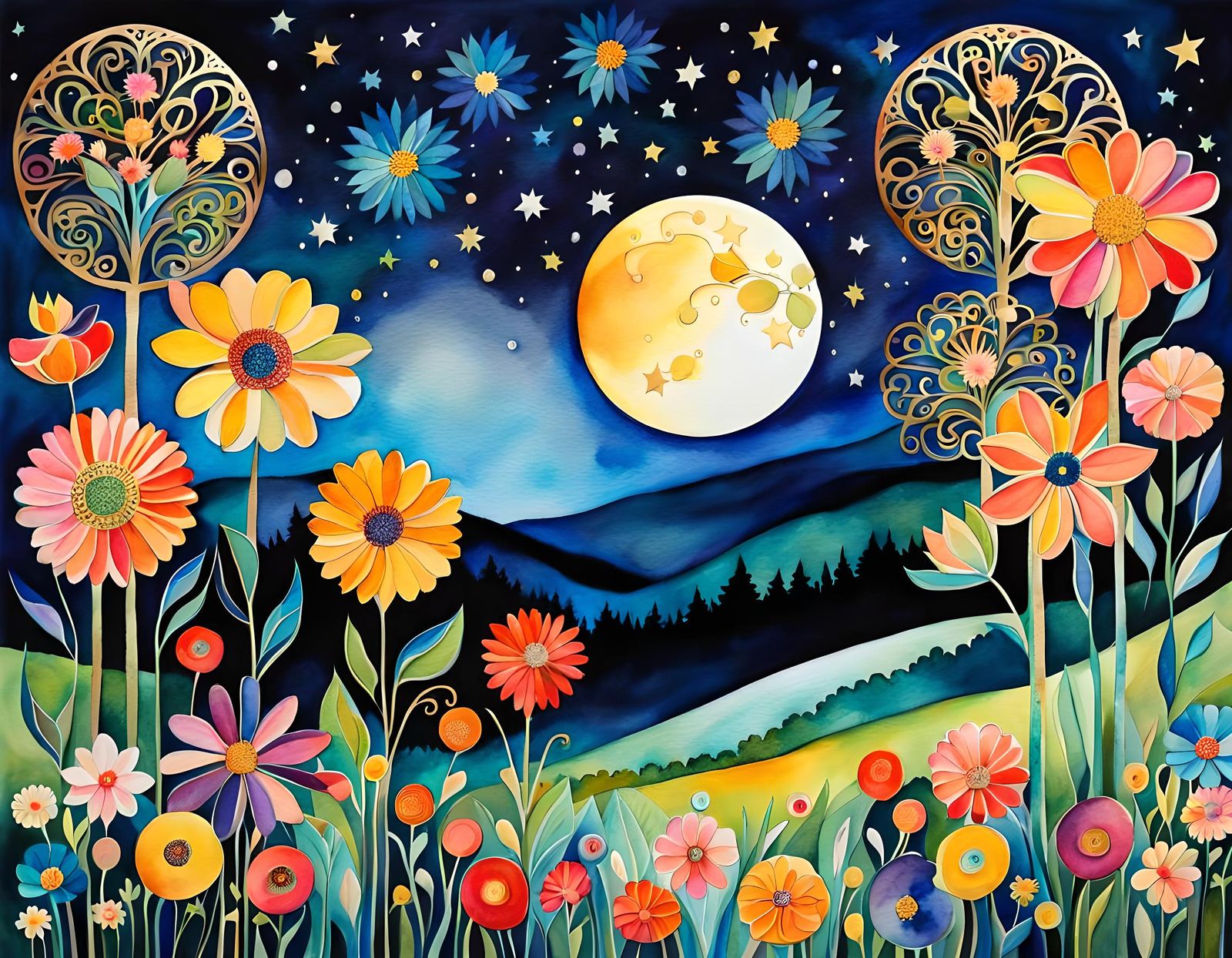 Ethereal Night Blooming Garden Watercolor Landscape