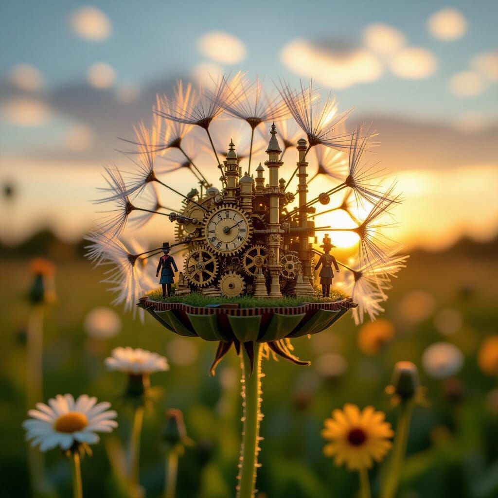 Miniature Steampunk City Inside a Dandelion Seed Head