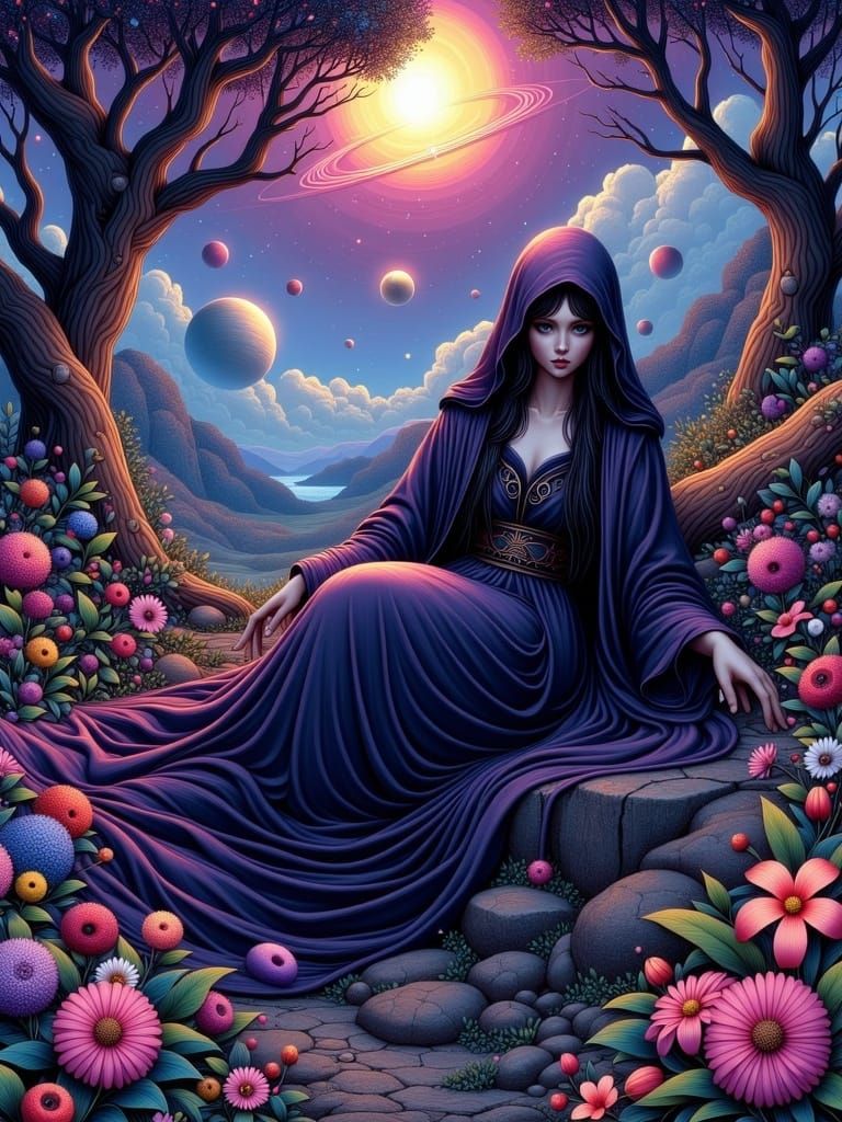 Beautiful Grim Reaper in Ethereal Flower Garden