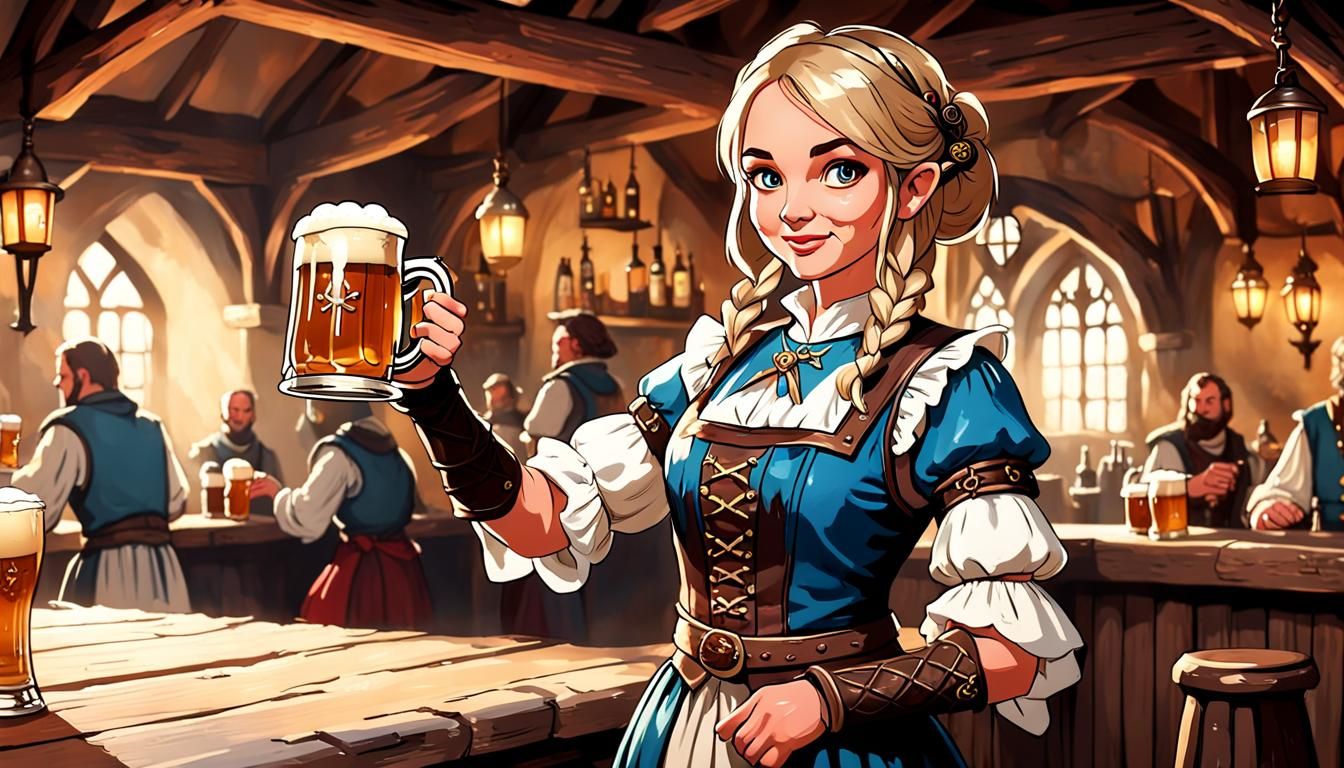 Cheerful Barmaid Serves Ale in Fantasy Tavern