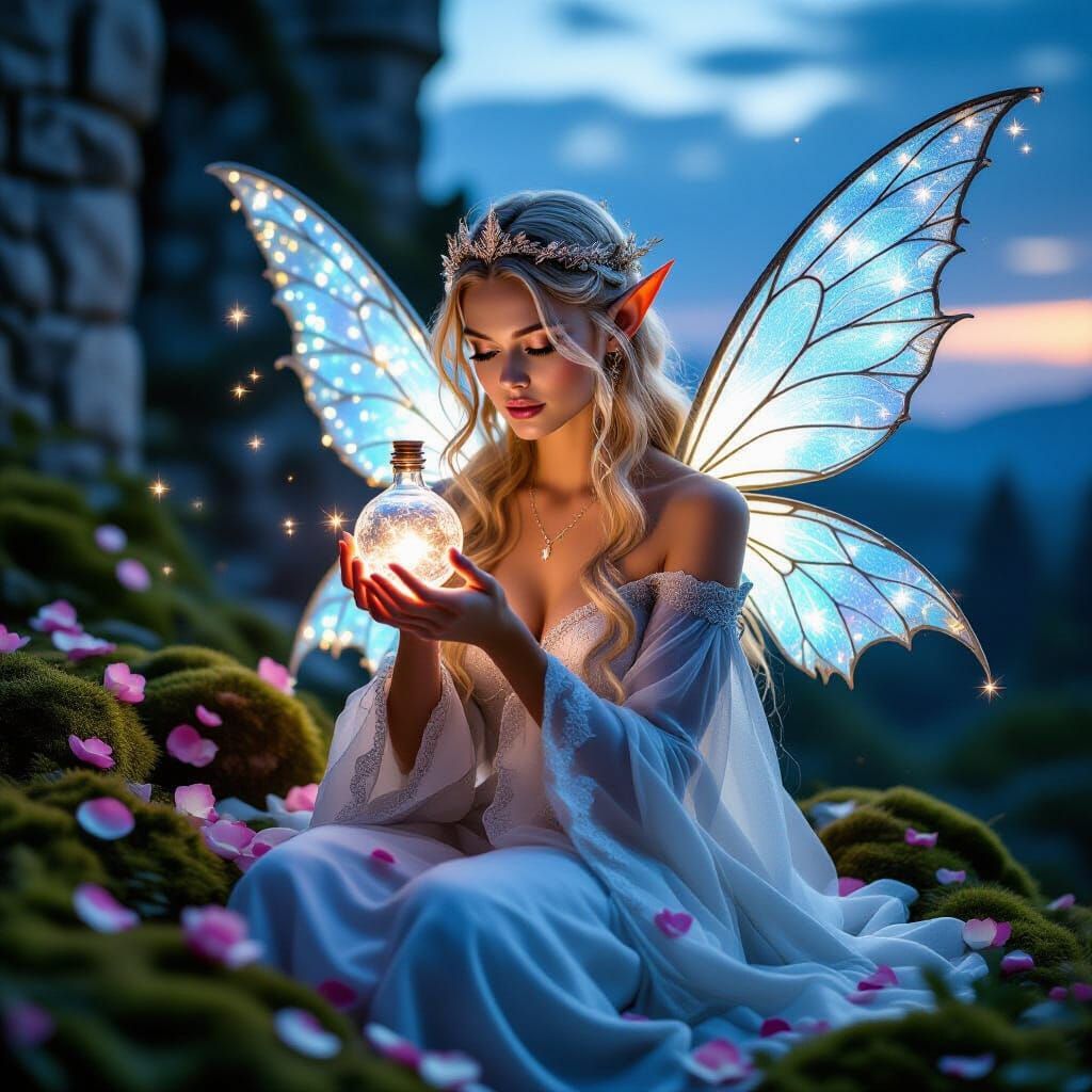 Elf Princess With Starlight Dew in Moonlit Castle