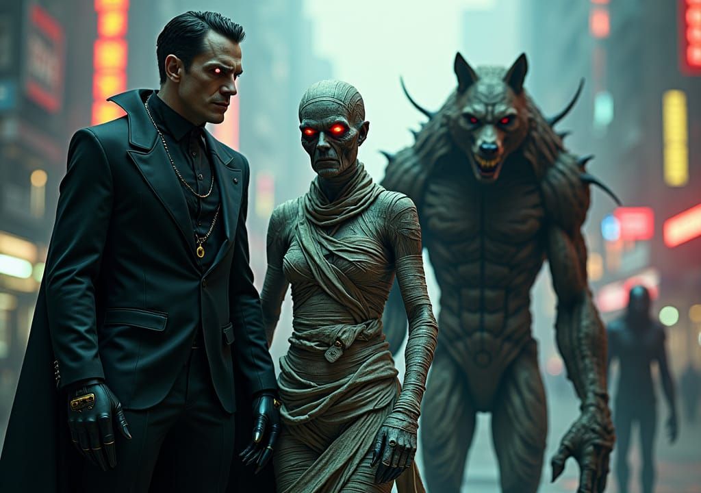 Cyberpunk Monsters Clash in Dystopian Metropolis