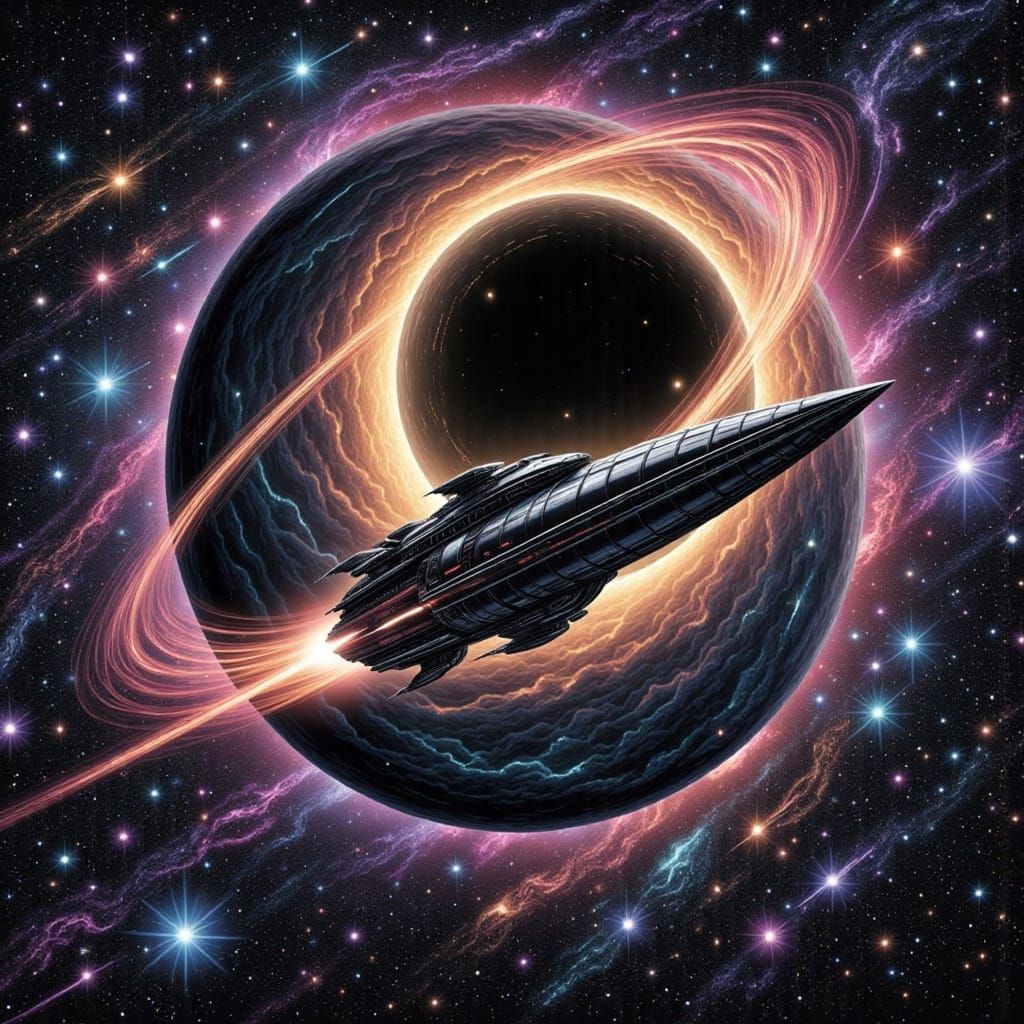 Starship Orbiting Black Hole in Retro Sci-Fi Style