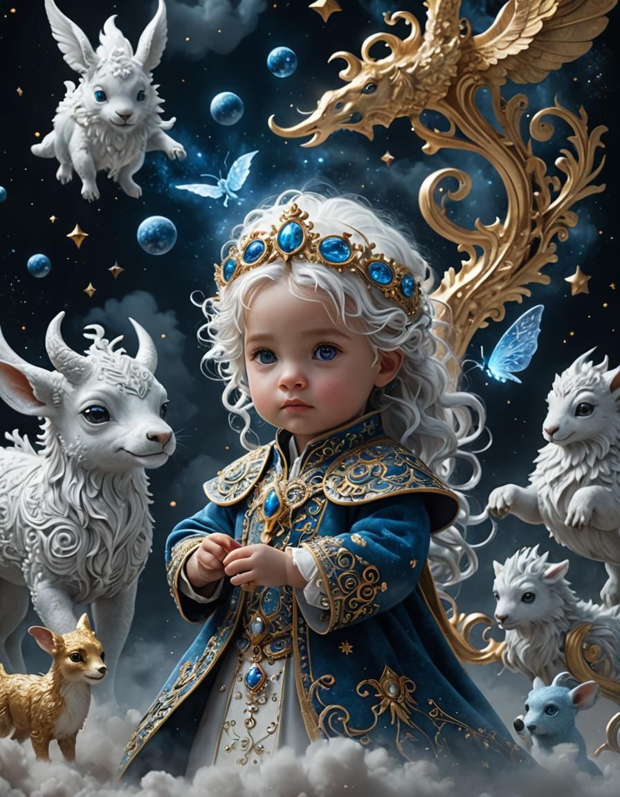 Magical Toddler with Cloud Creatures in Fantasy Art