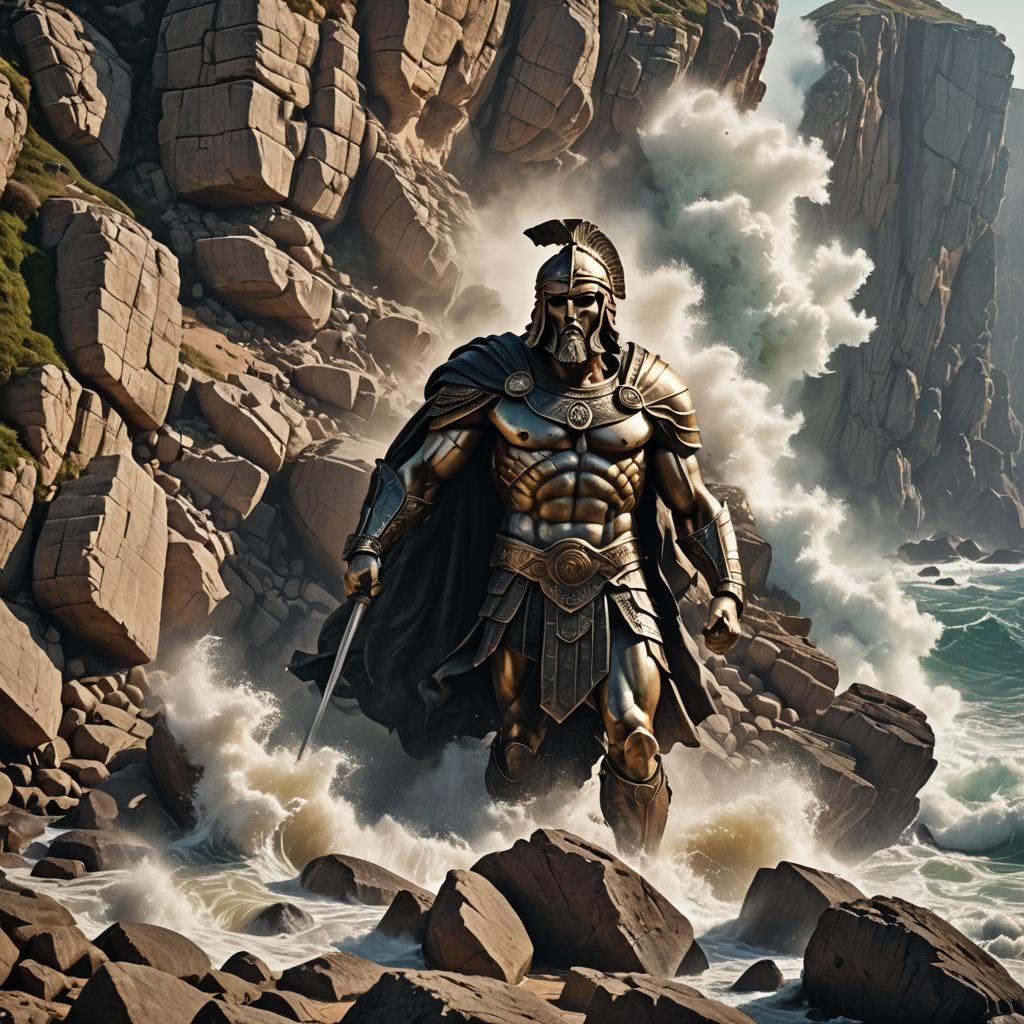 Epic Spartan Statue on Rocky Coast