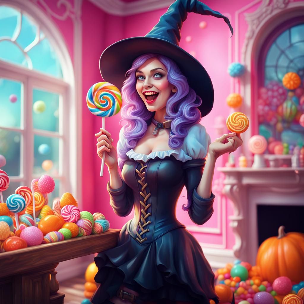 Happy Witch in Candyland Home: Digital Illustration