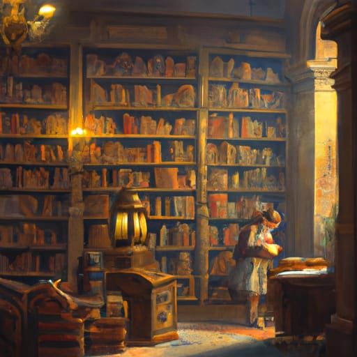 Classical Library Interior as Oil Painting