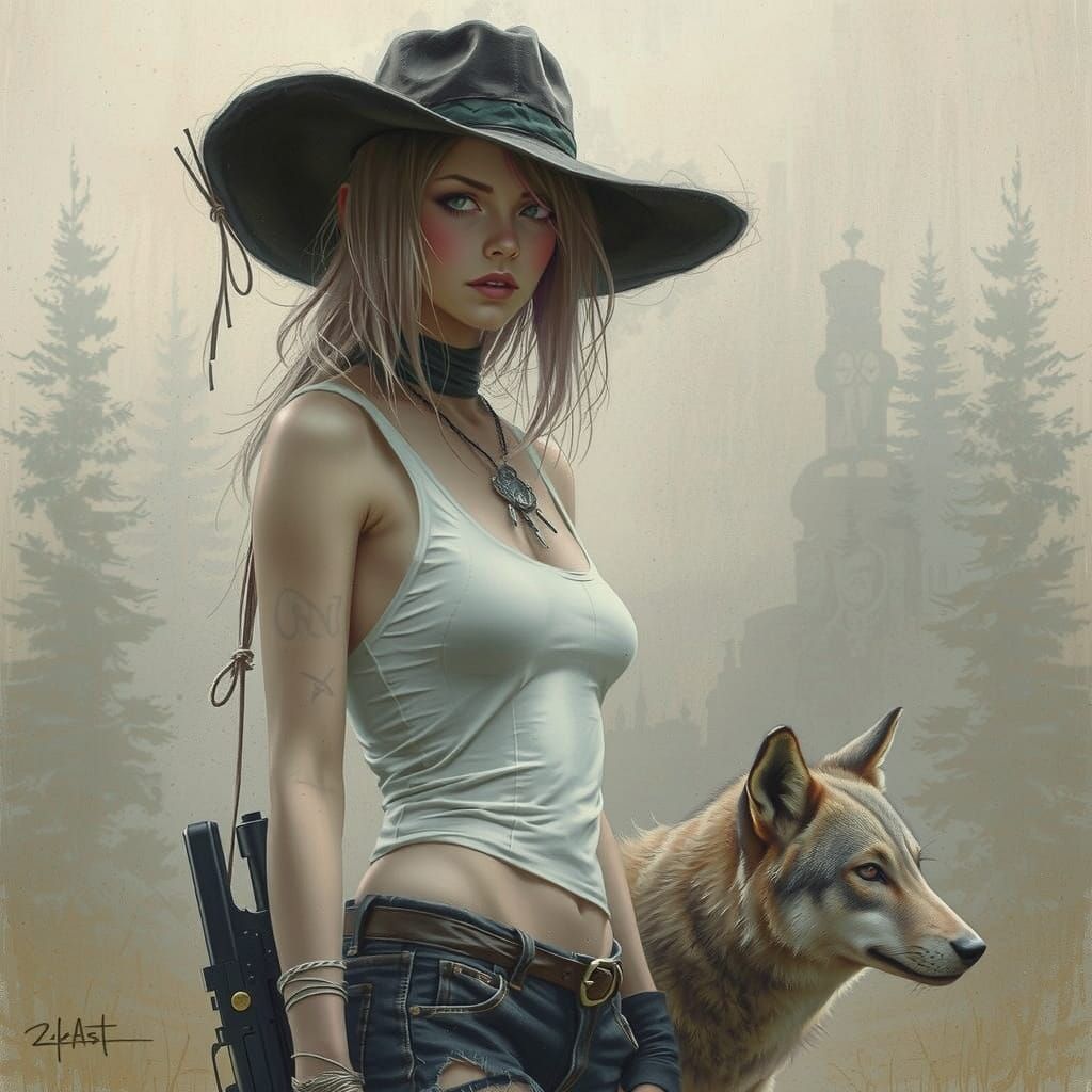 Punk Woman with Wolf in Pastel Charcoal Sketch