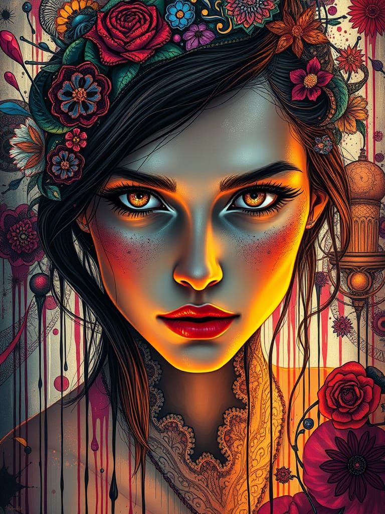 Mysterious woman with glowing eyes in graffiti style