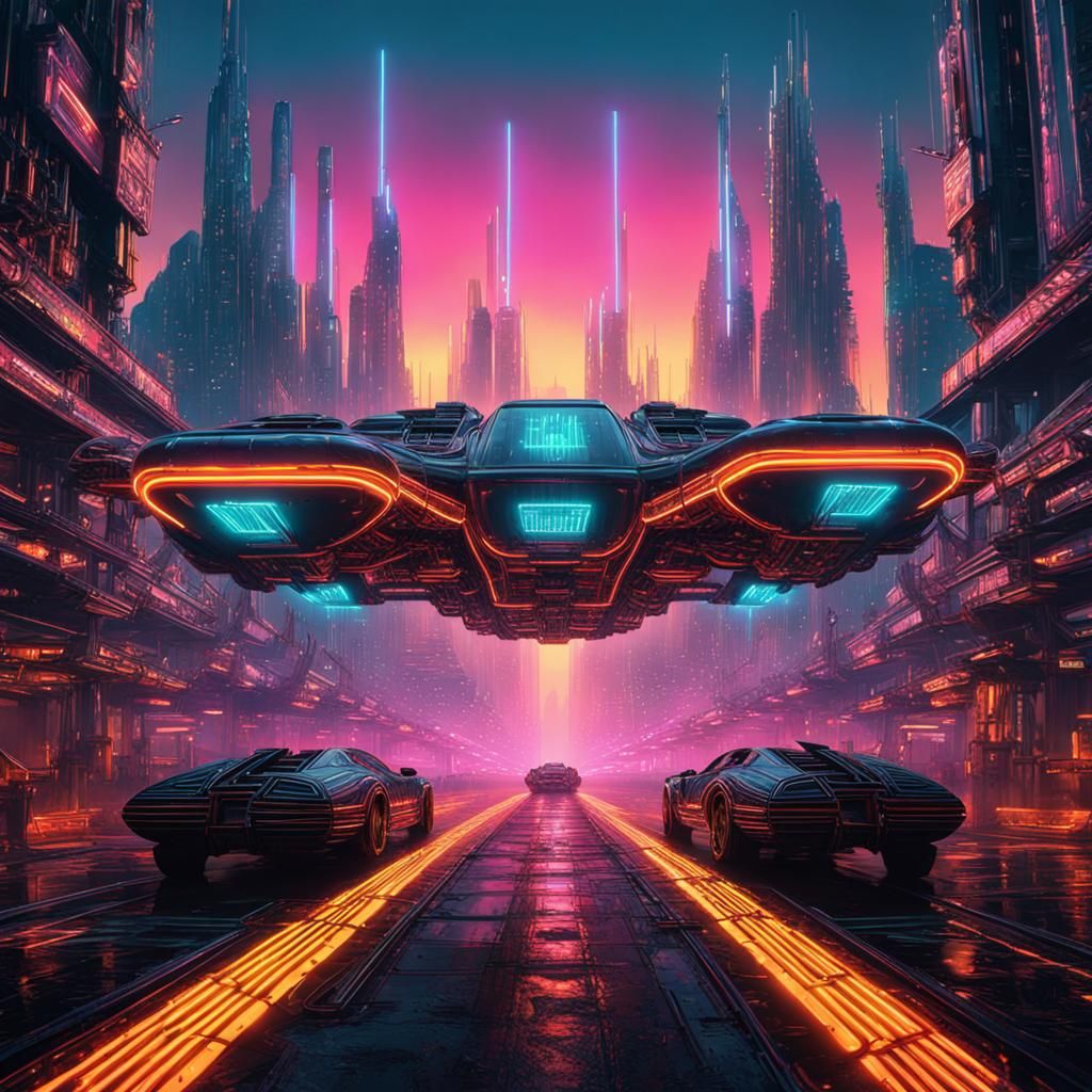 Futuristic Flying Vehicles in Neon Cityscape