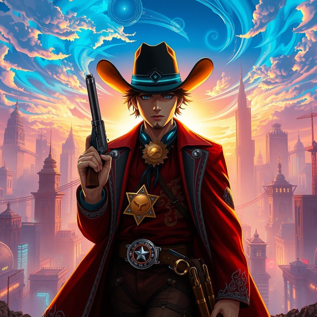 Anime-Inspired Cowboy in a Futuristic Metropolis