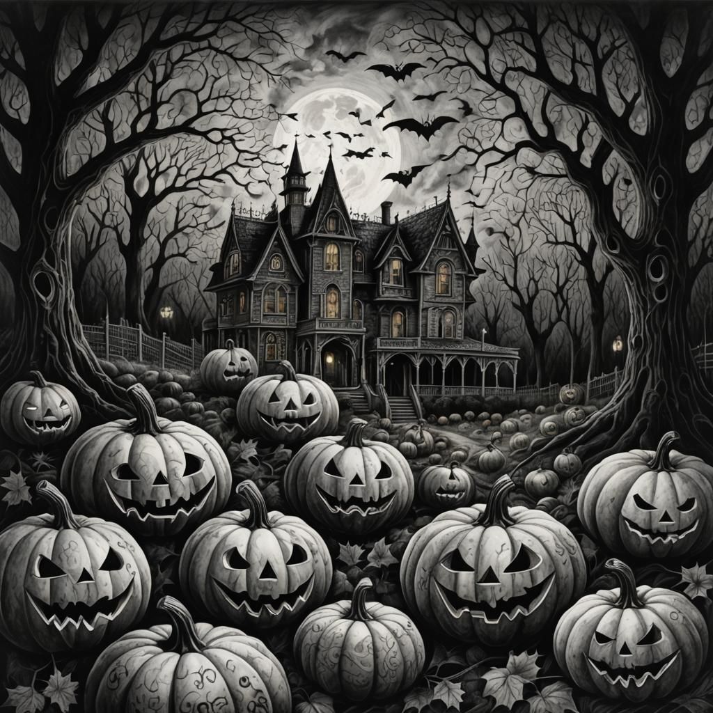 Eerie Halloween Charcoal Drawing with Zentangle Patterns