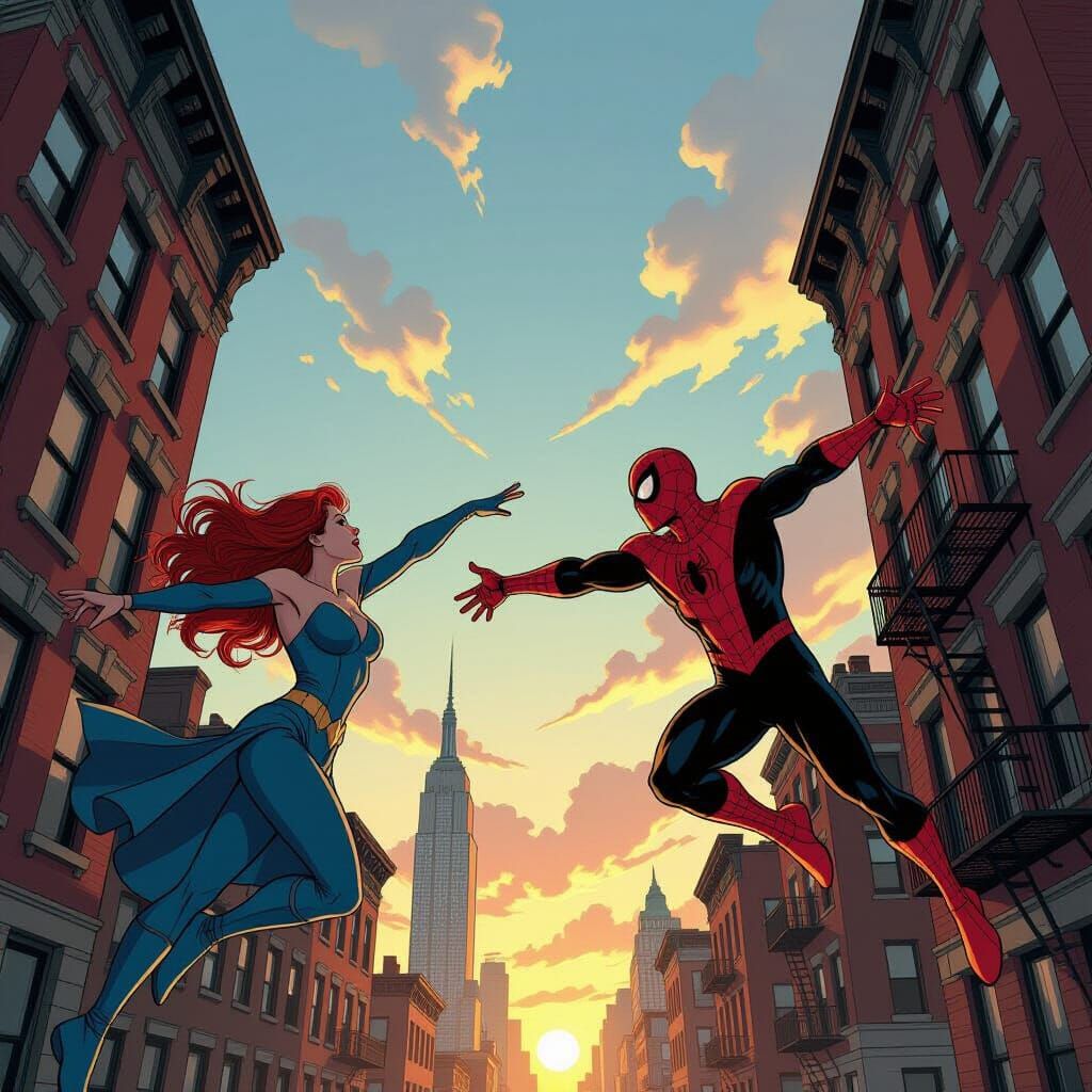 Spider-Man and MJ Reaching Out Between Queens Buildings