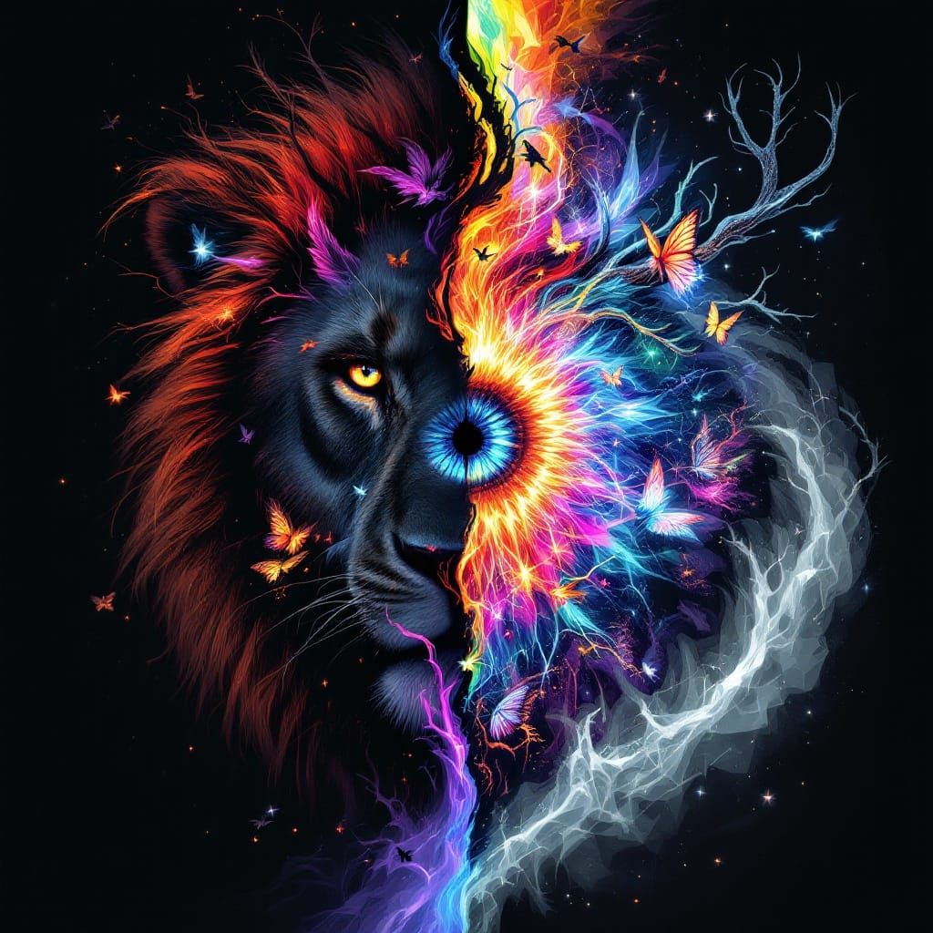 Stark Contrast: Lion's Eye with Cosmic Portal