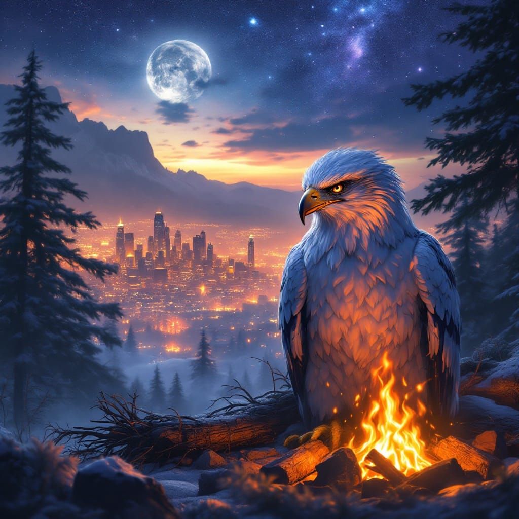 Eagle by Campfire Under Starry Night Skyline