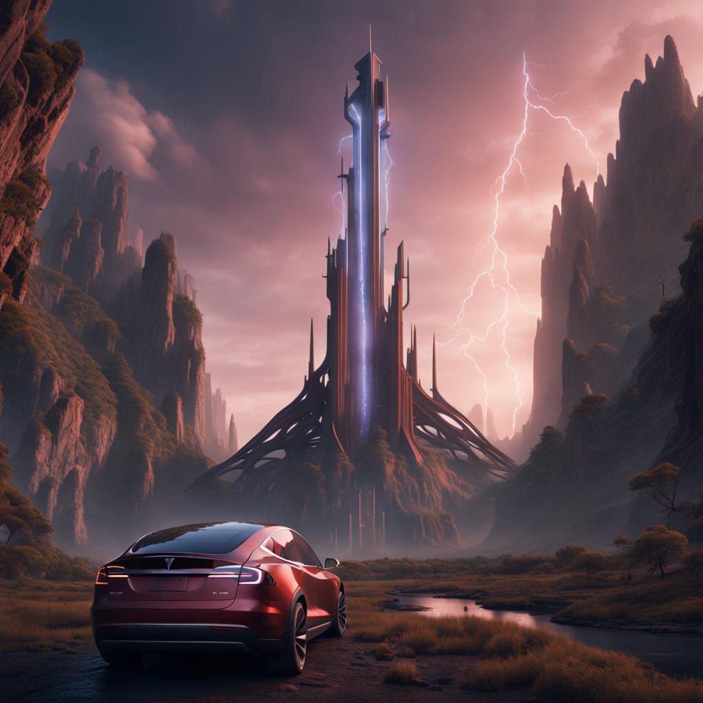 Detailed Matte Painting of a Tesla in Deep Color