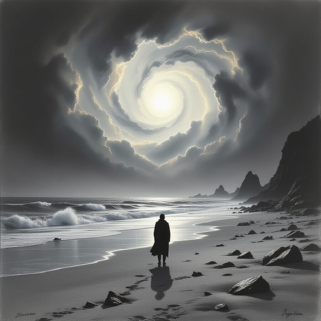 Surreal Charcoal Beach Scene with Cosmic Sky