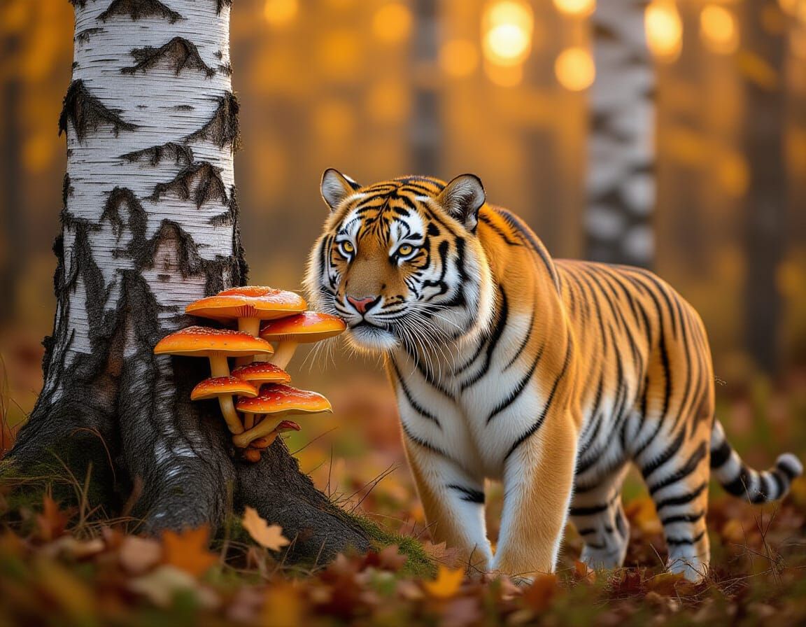 Amur Tiger Sniffs Orange Mushroom in Autumn Forest Dawn