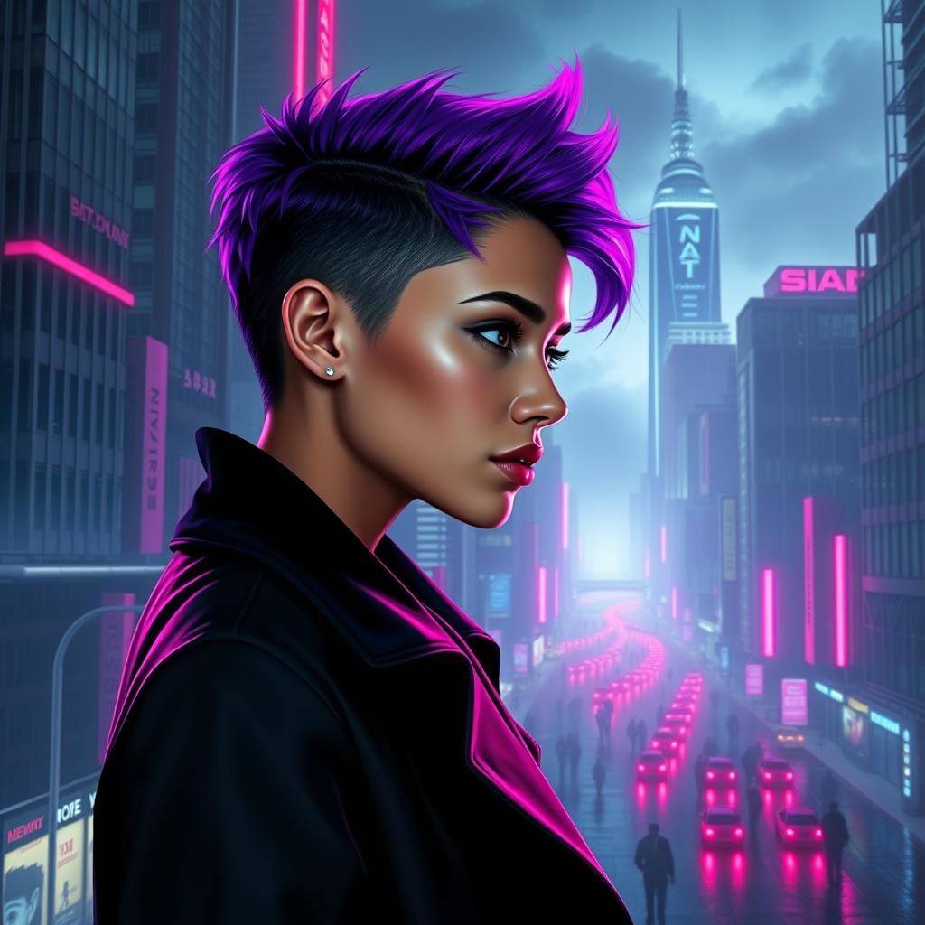 Cyberpunk Woman in Dystopian Cityscape