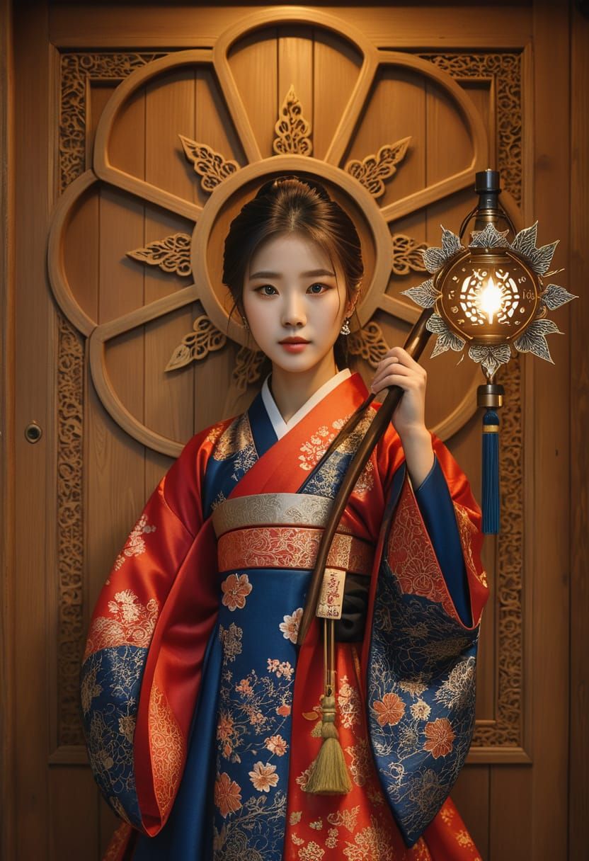 Traditional Korean Beauty in Hanbok Dress with Lantern