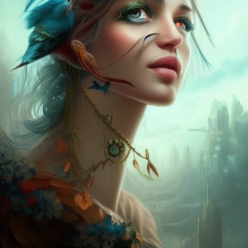Goddess of Birds Portrait in Detailed Matte Painting