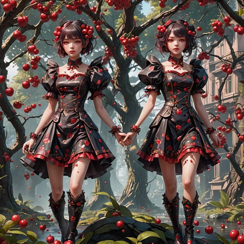 Sentient Cherry Twins in Cherry Print Dresses
