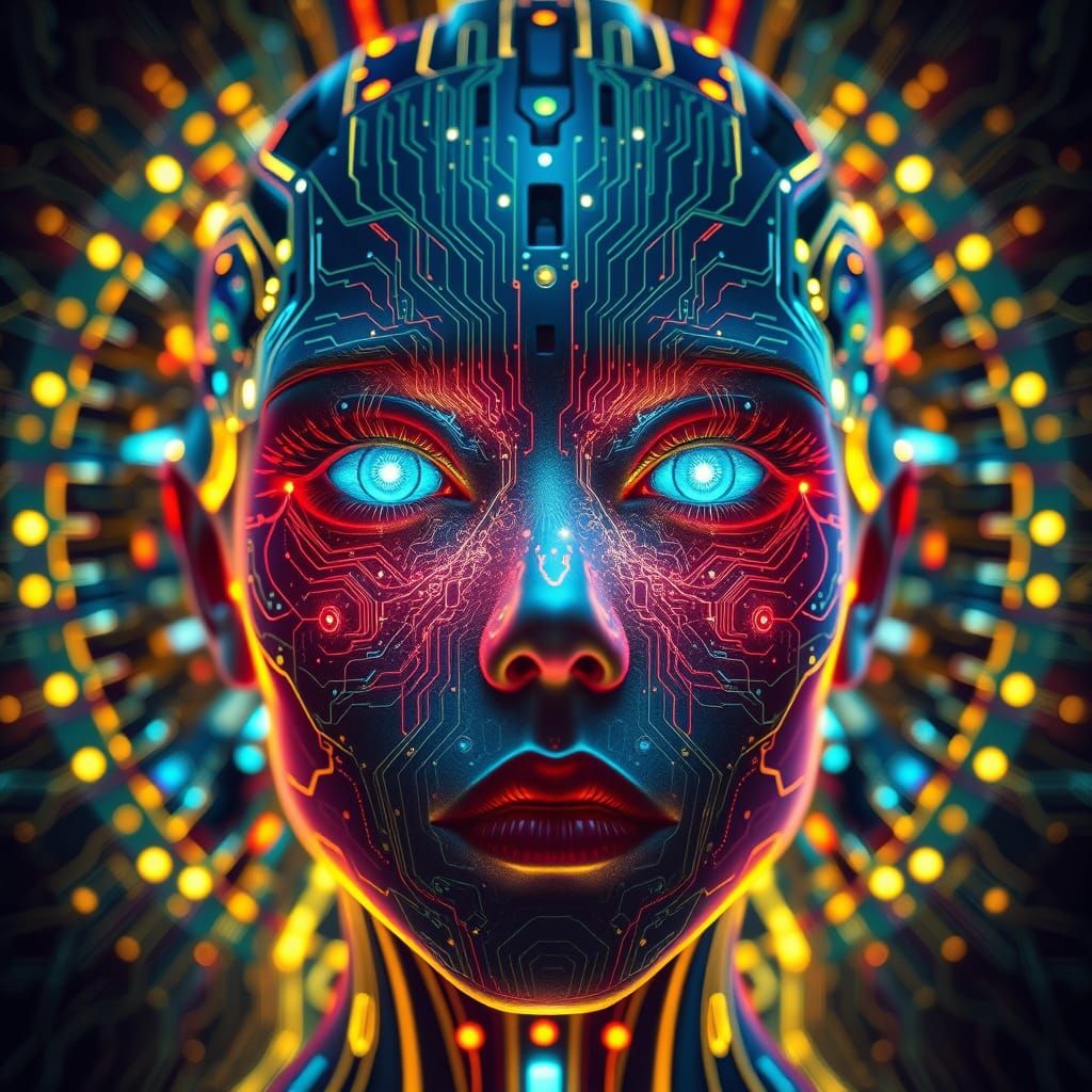 Birth of Digital Sentience: Ethereal Face in Cyberpunk Surre...