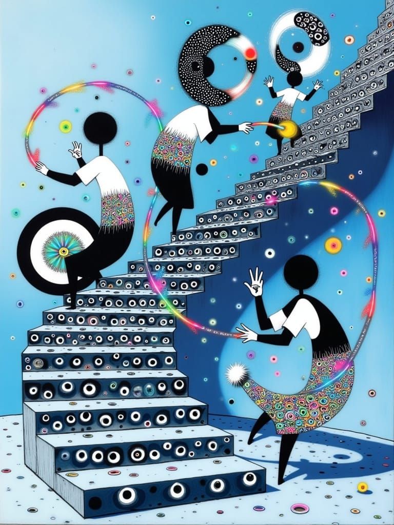 Ethereal Figures Dancing on Impossible Staircase