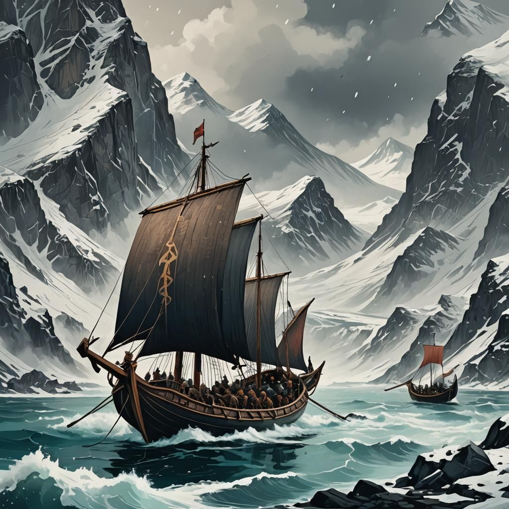 Vikings on Longboat Near Snowy Mountain