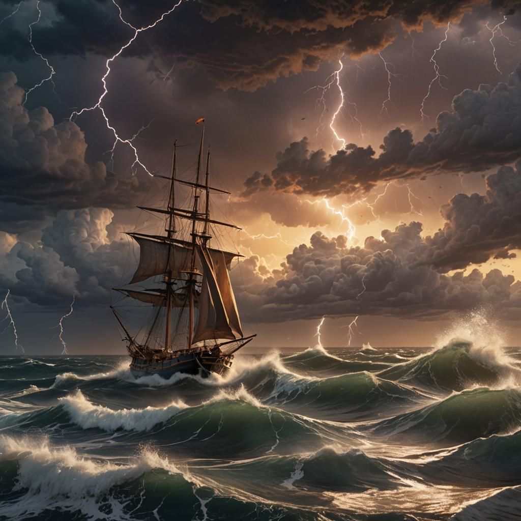 Majestic Sunset Sailboat Under Intense Thunderstorm