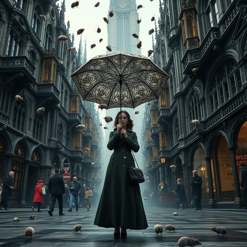 Woman in Victorian Coat Amidst Mice Rainstorm in Hyperrealis...