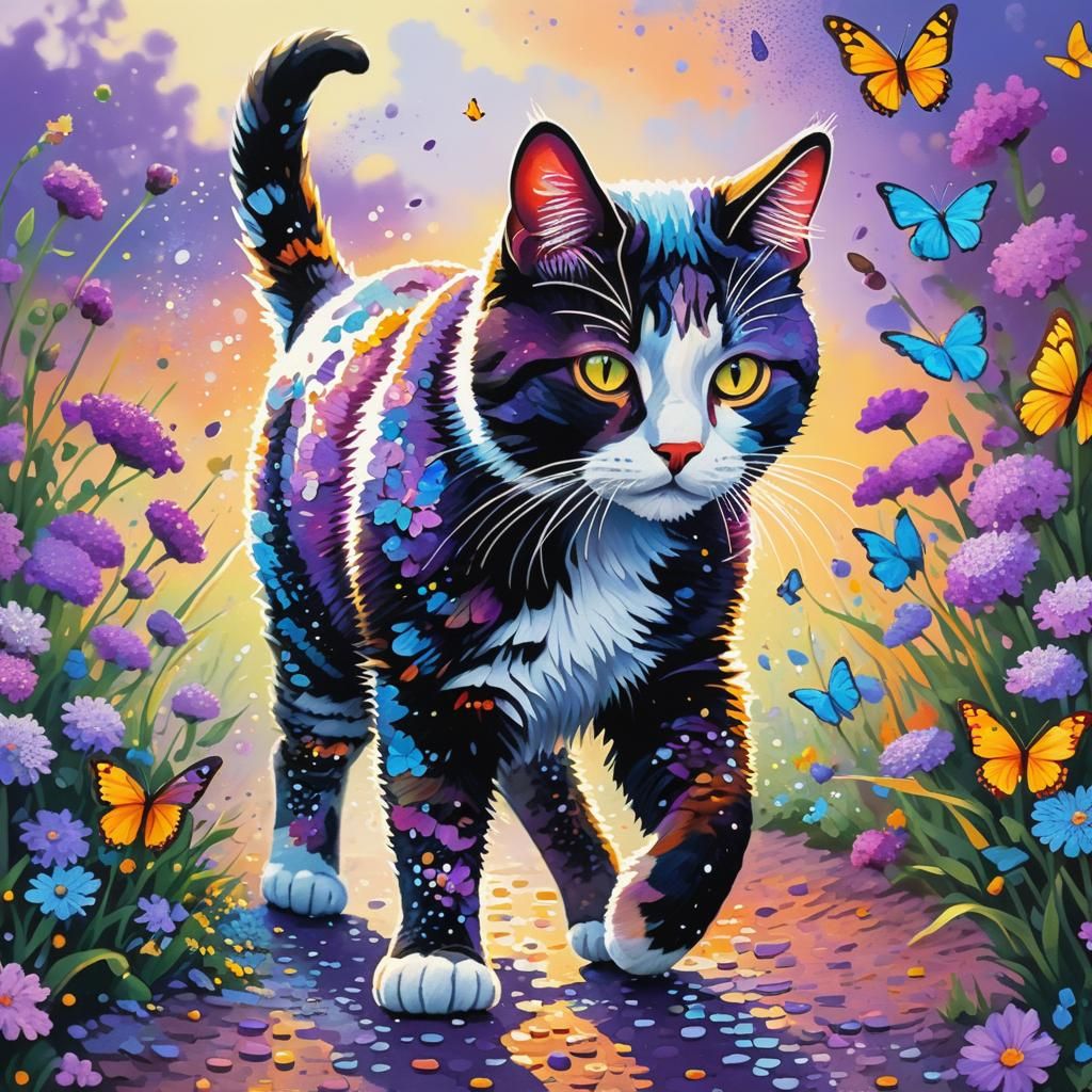Colorful Pointillism Painting of a Cat in Nature