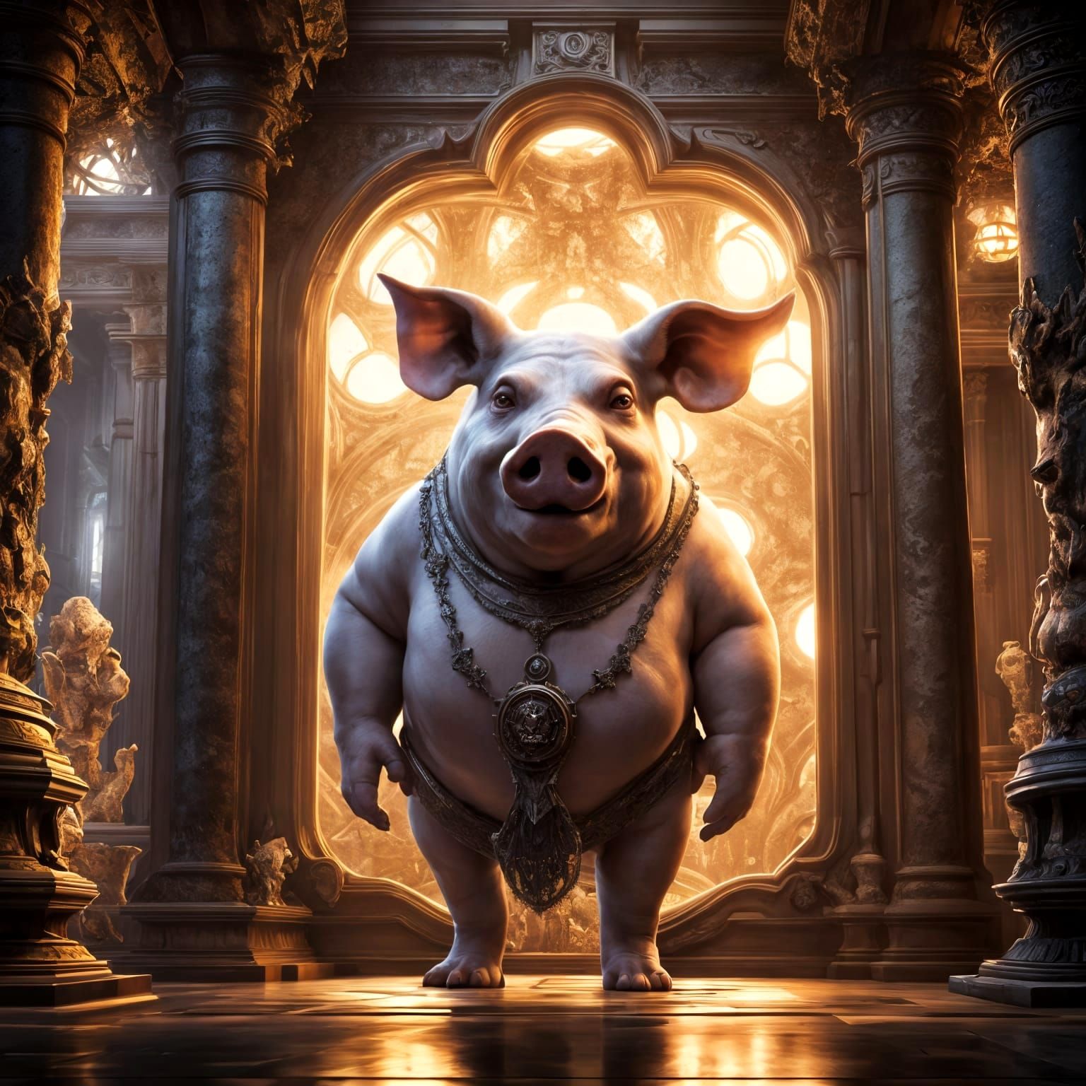 Surreal Pig-Headed Man and Boar Reflection